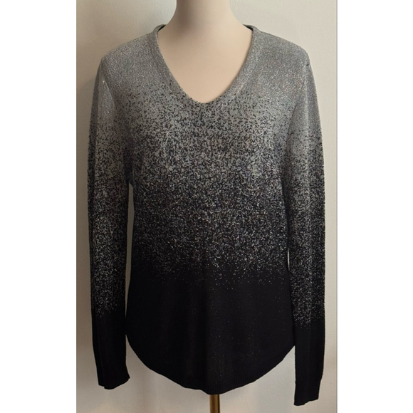 NOTATIONS Sweaters - Women's NOTATIONS Petite PXL Black Silver Ombre V-Neck Sweater